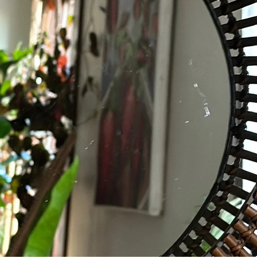 Vintage Round Rattan Wall Mirror by Umbra Matt Carr MCM Boho Brown